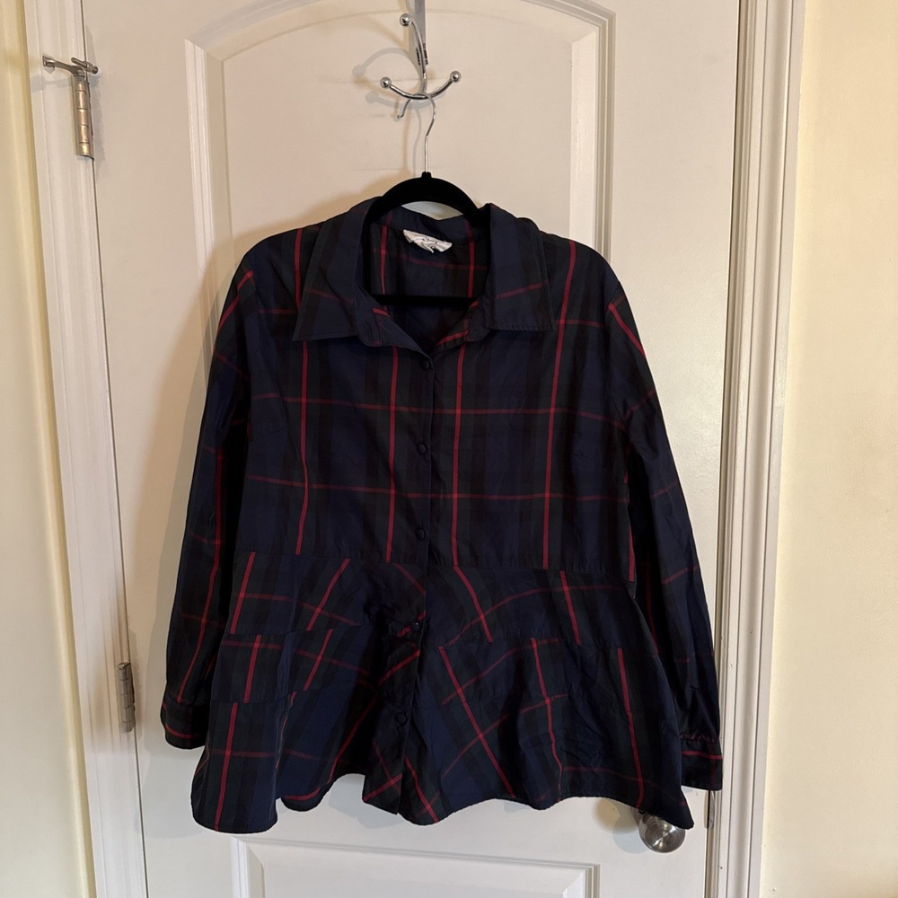 Pomander Place Tuckernuck Ashlen Peplum Blouse Women's XXL Plaid Navy Red Fraser